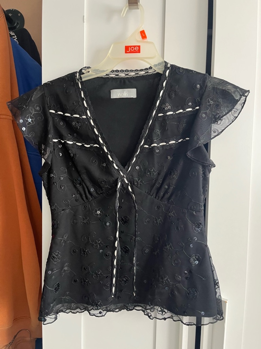 Wallis Black Embroidered V-Neck Flutter Sleeve Blouse with Contrast Trim